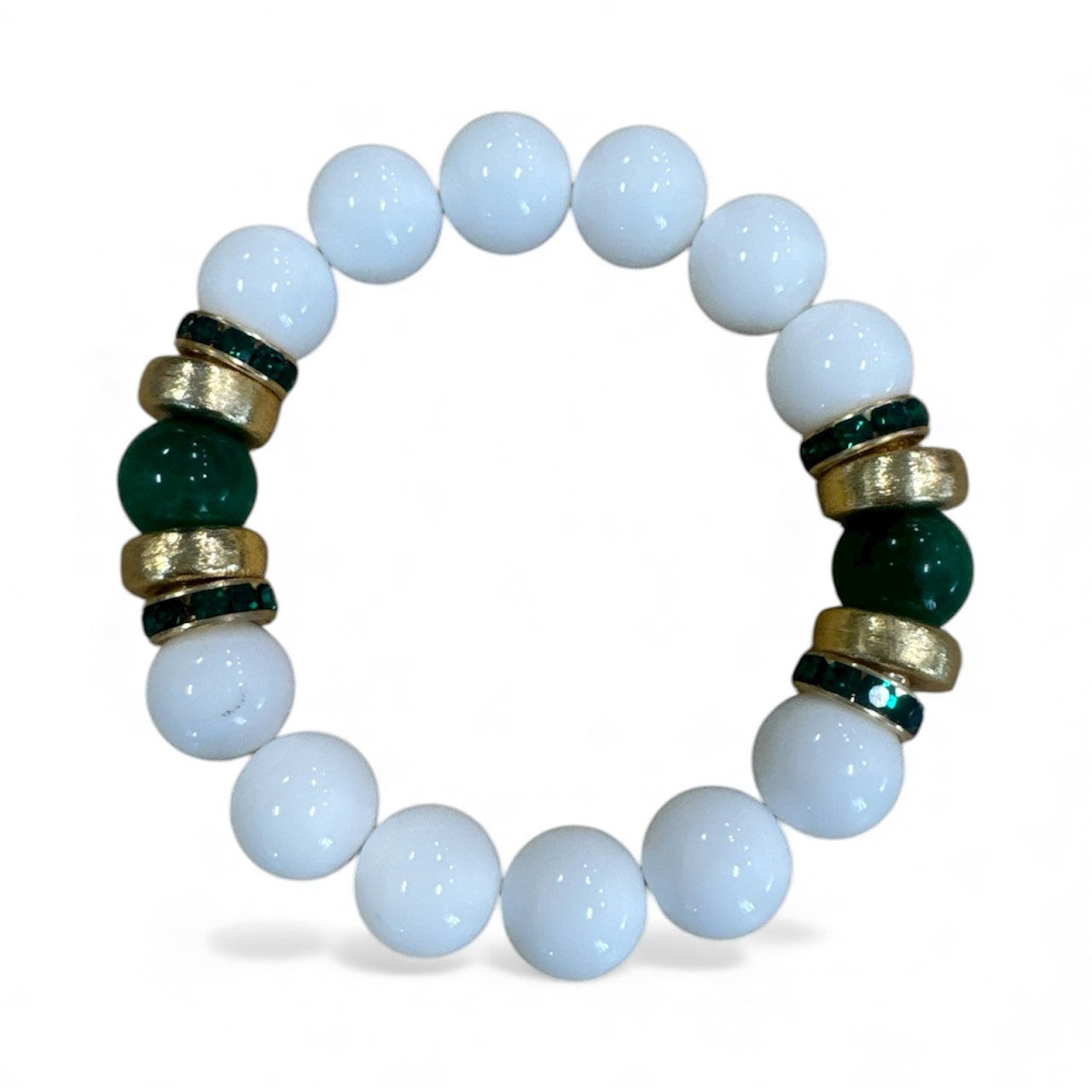 Bracelet - White glass Bead Bracelet with Green Crystal Accents - White/Green