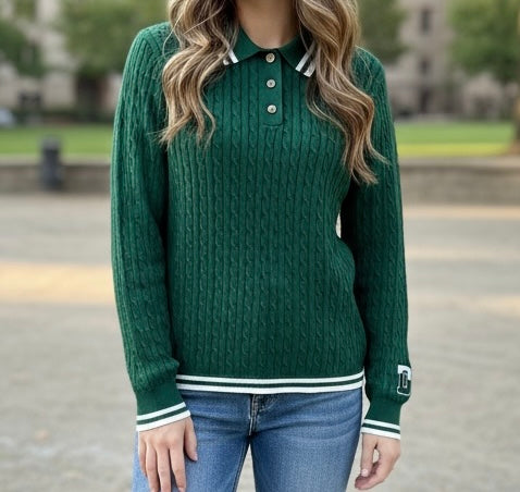 Ellsworth & Ivey LADIES Cable Knit L/S Polo Sweater - Green