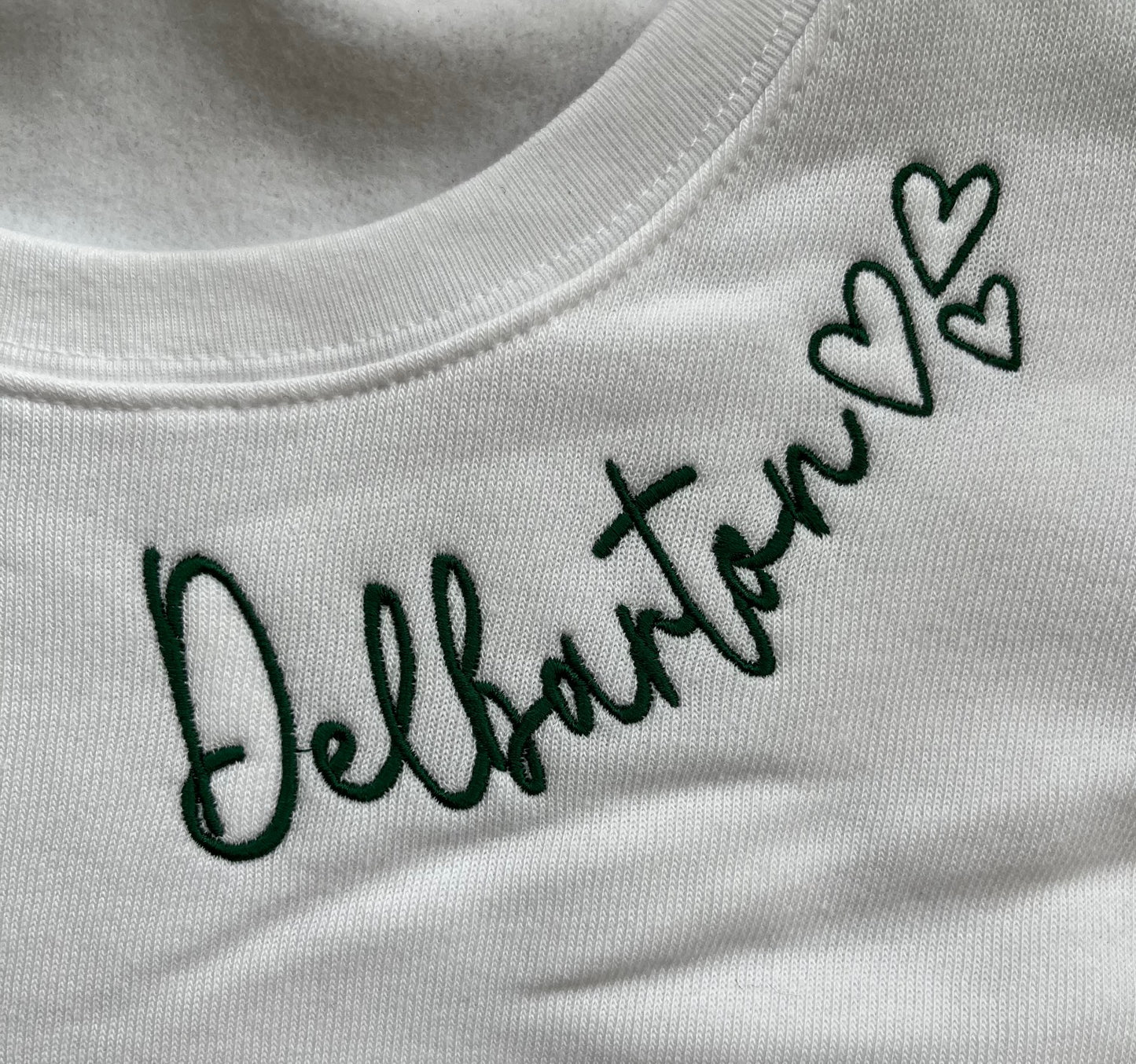 Town Pride LADIES Crew Sweatshirt - Delbarton 3 Hearts - White w/ Hunter Green Embroidery