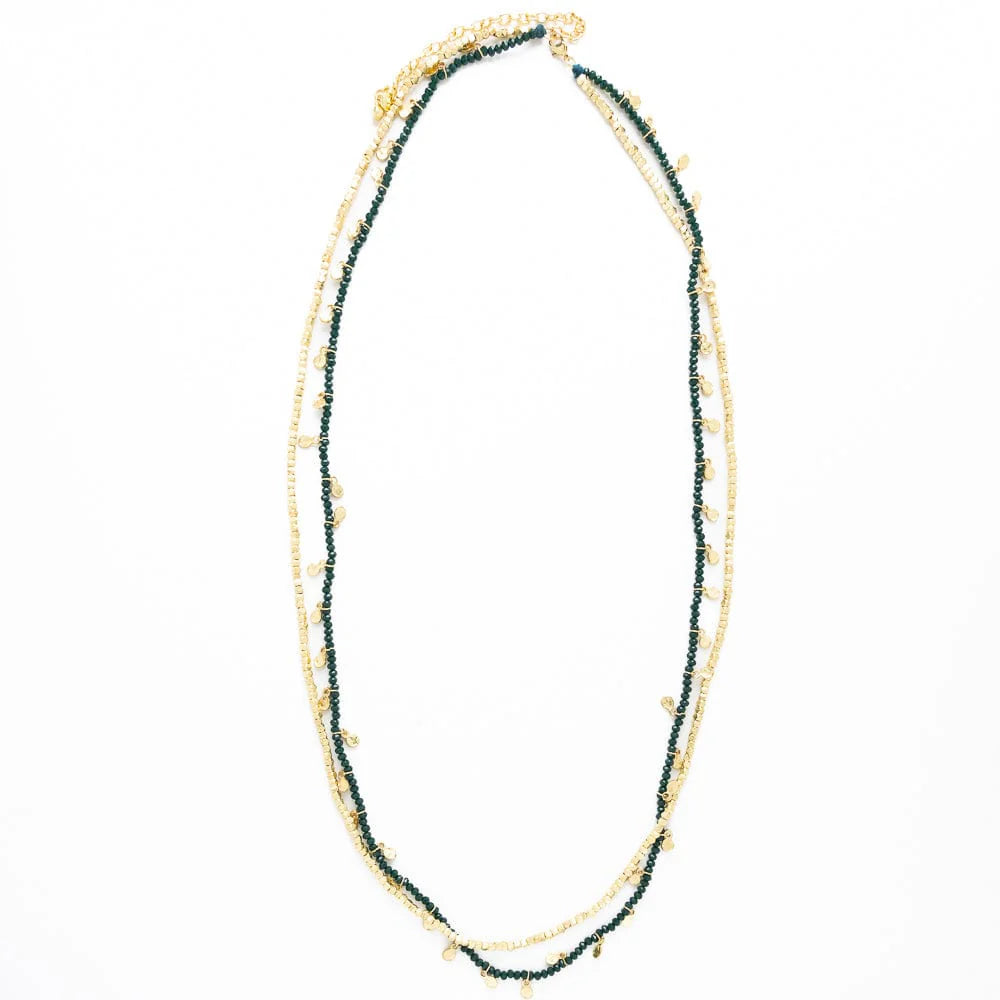 Necklace - Ink+Alloy Milly Double Strand Crystal Necklace - Green & Brass