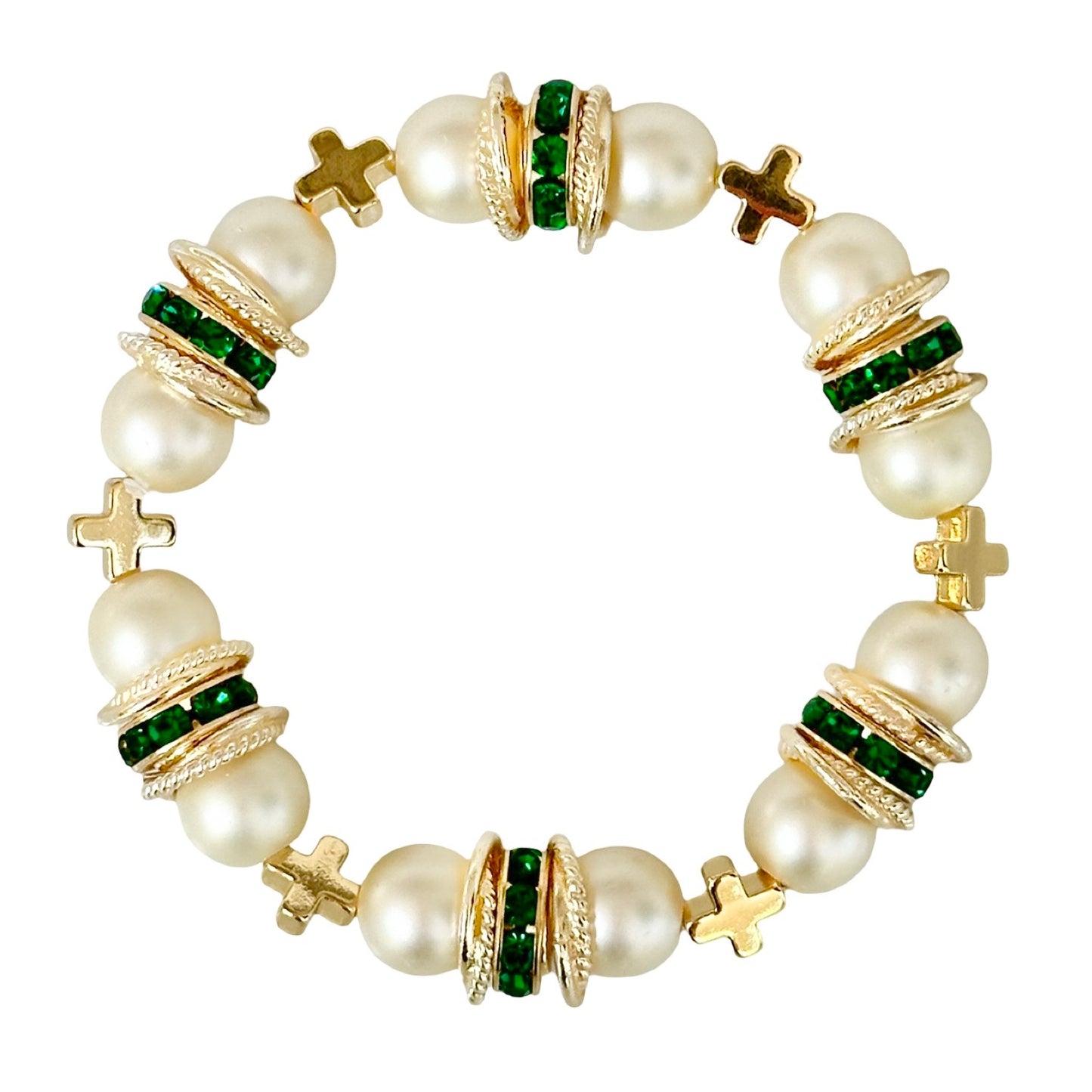 Bracelet - Brynn Hudson Pearl and Gold Cross Bangle - Pearl/Green Crystal