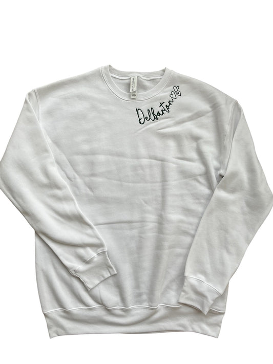 Town Pride LADIES Crew Sweatshirt - Delbarton 3 Hearts - White w/ Hunter Green Embroidery