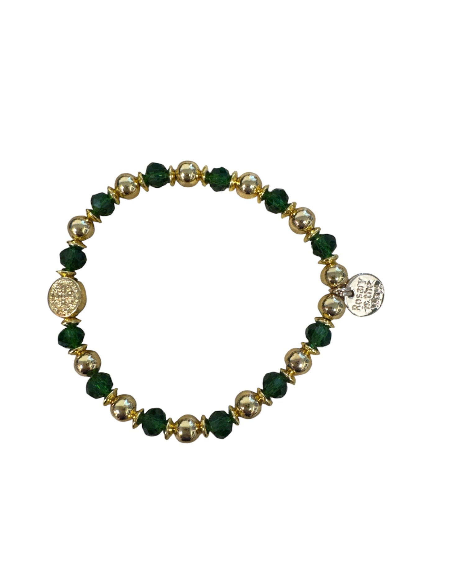 Bracelet -Rosary is the Way - St Benedict Medium Crystal Bead bracelet - Gold bead with green crystal