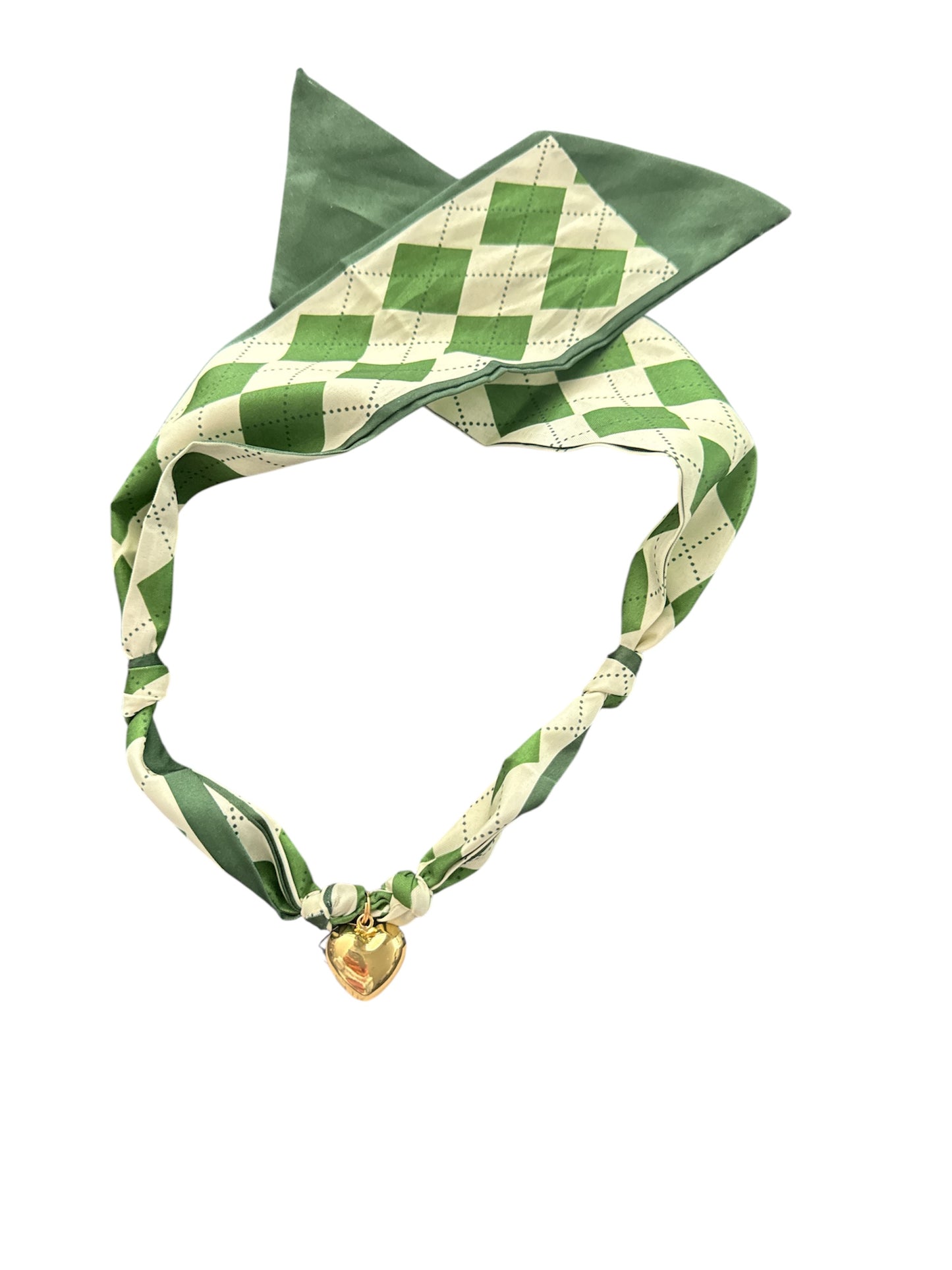 Necklace - Good Karma Scarf Necklace Argyle Print with Gold Heart Charm - Green & White