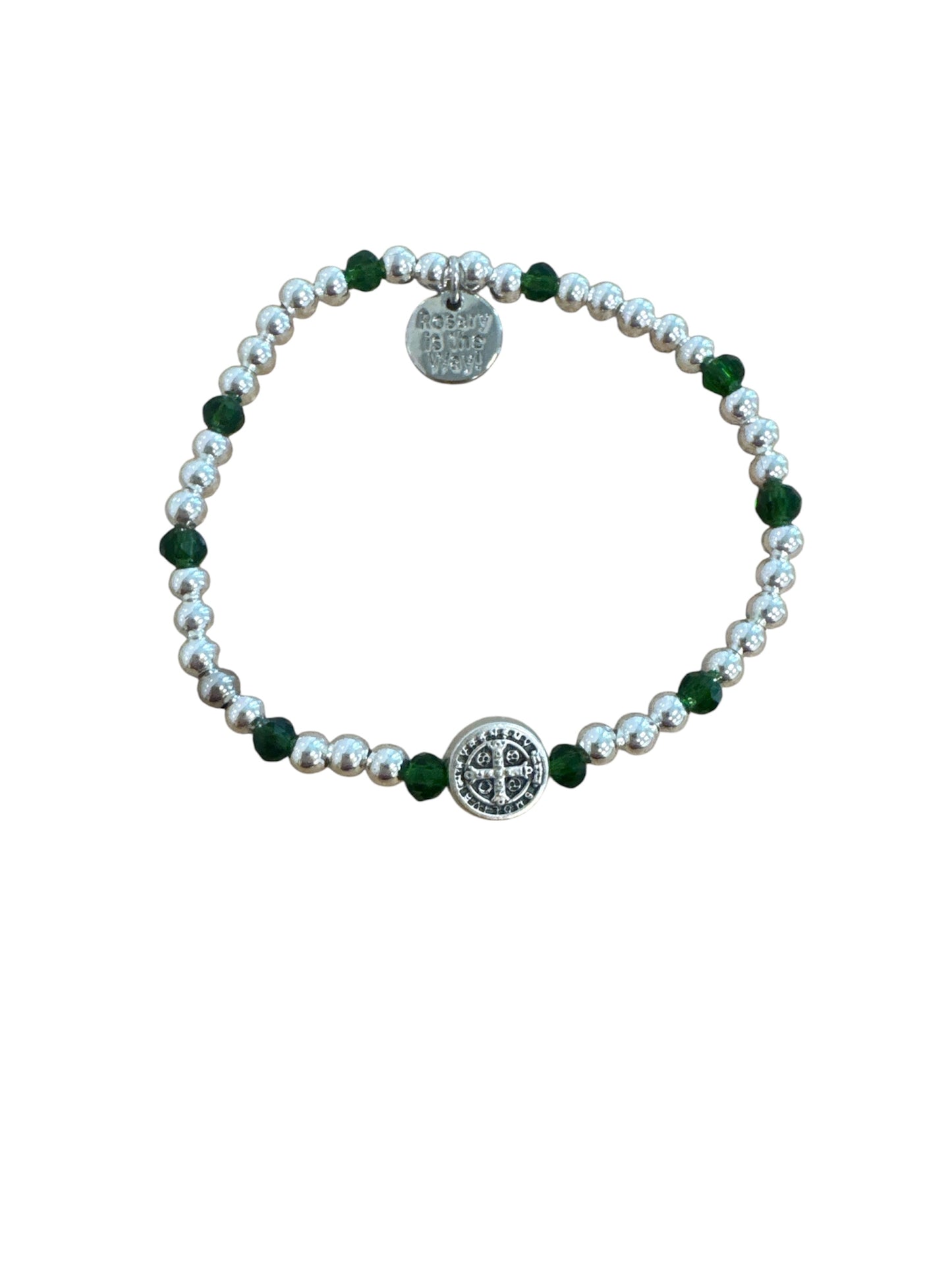 Bracelet - The Rosary Is The Way St. Benedict Bead Bracelet - Silver & Green