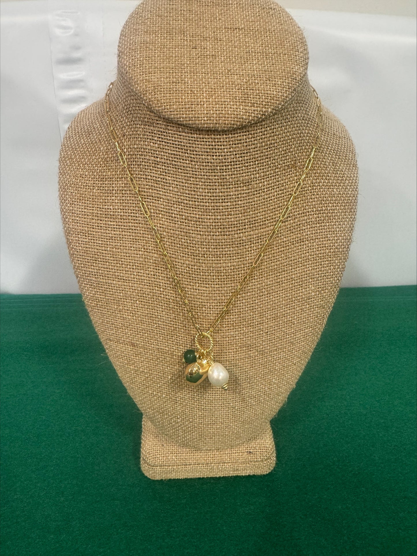 Necklace - Summer Love Designs Gold Heart and Green & Pearl Charm Choker - Gold/Green/Pearl