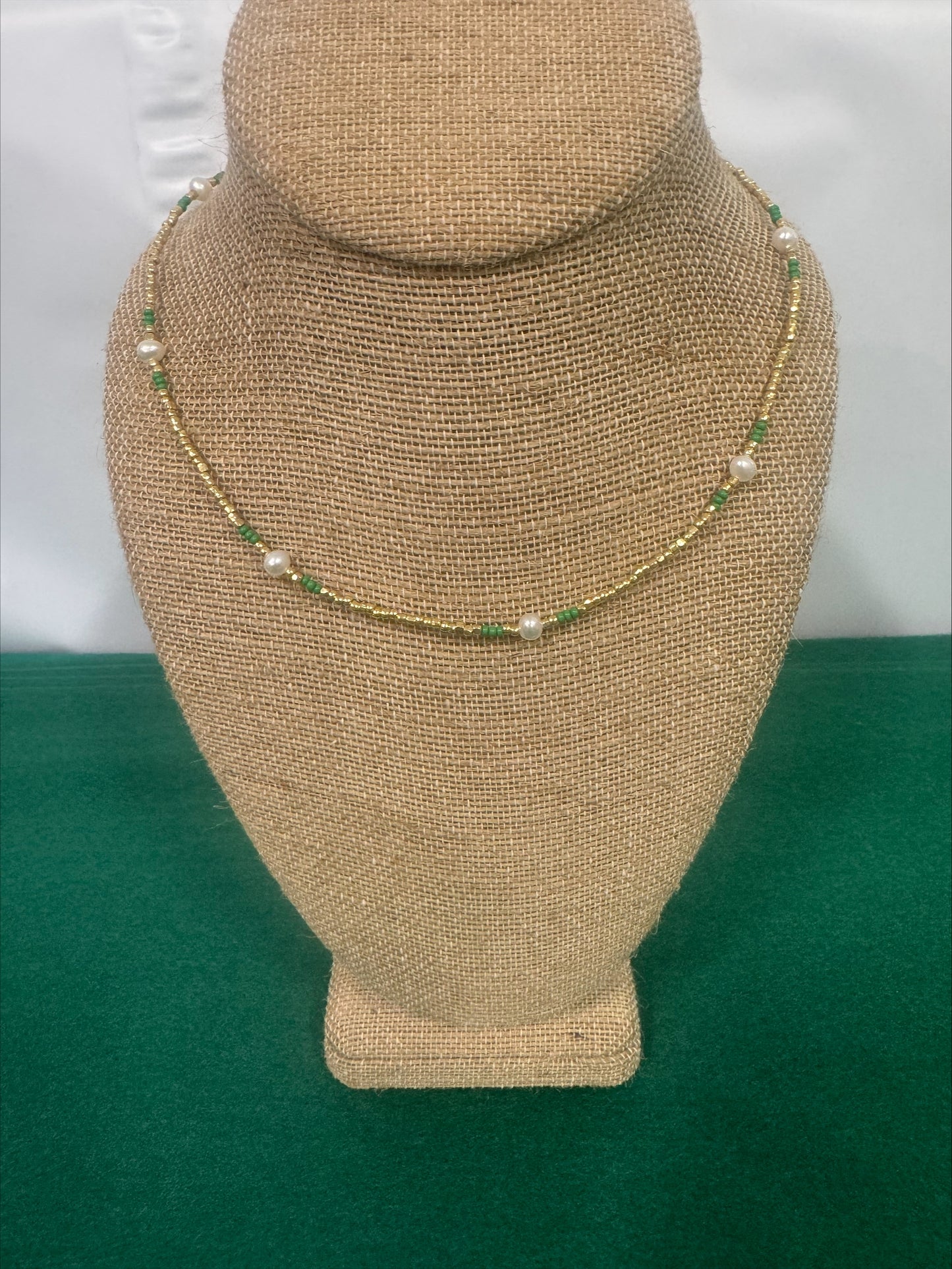 Necklace - Summer Love Designs Strand Choker - Gold/Green/Pearl