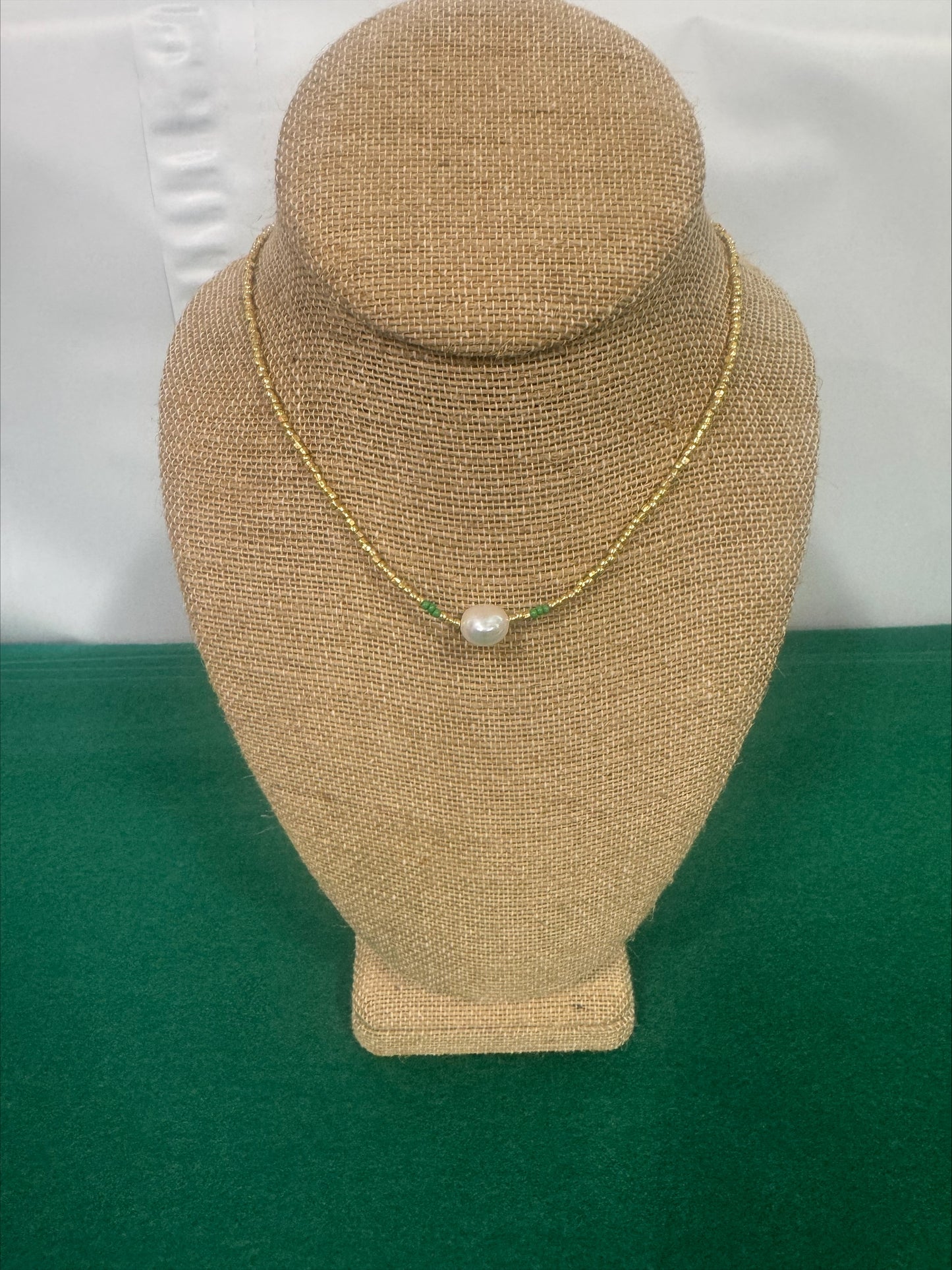 Necklace - Summer Love Designs Large Pearl Choker - Gold/Pearl/Green