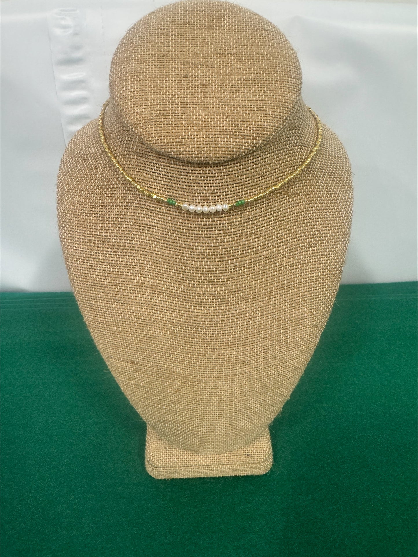 Necklace - Summer Love Designs Mini Pearls Choker - Gold/Pearl/Green