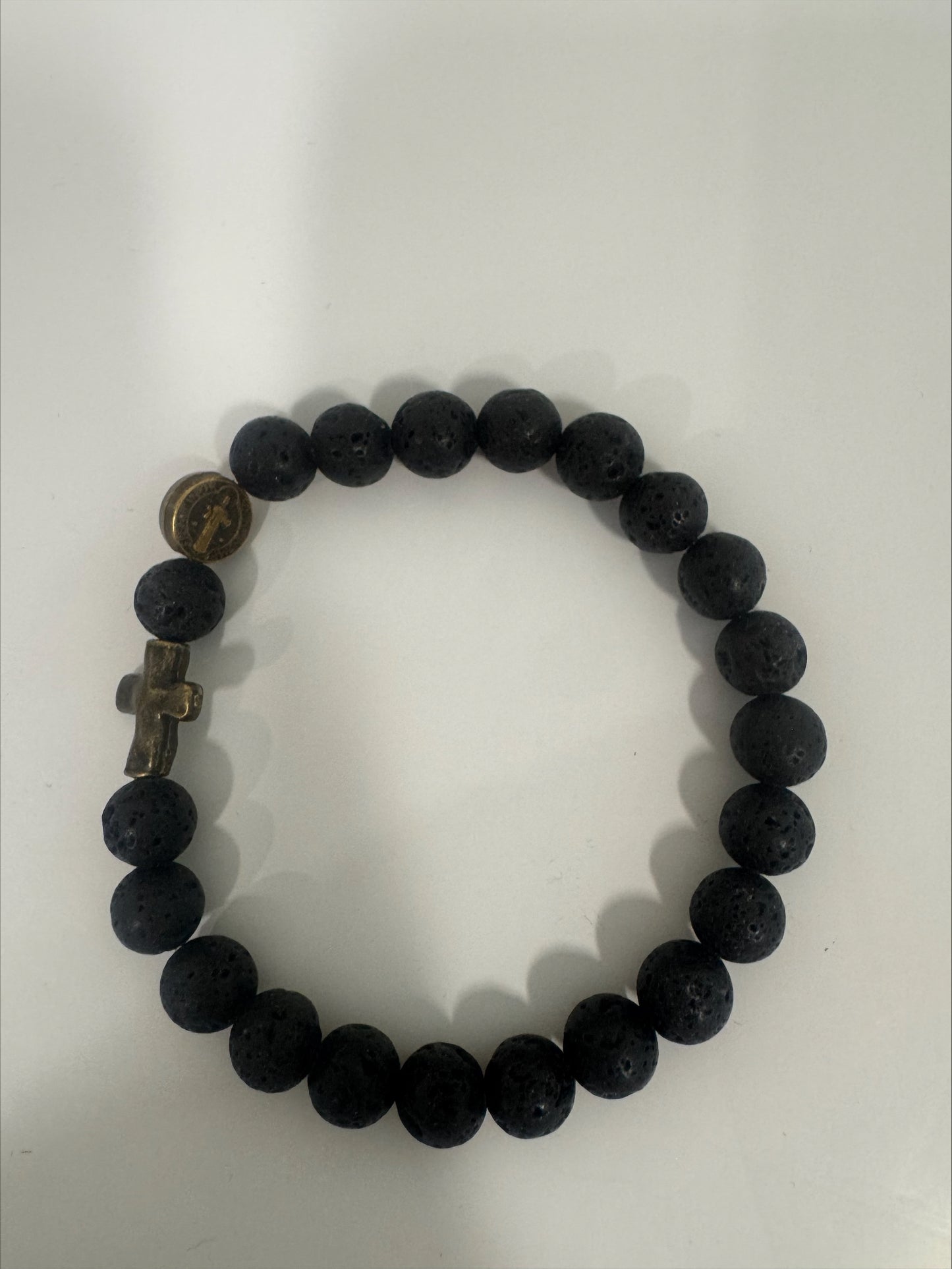 Bracelet - The Rosary Is The Way Lava Stone Bead with Bronze Cross - Black
