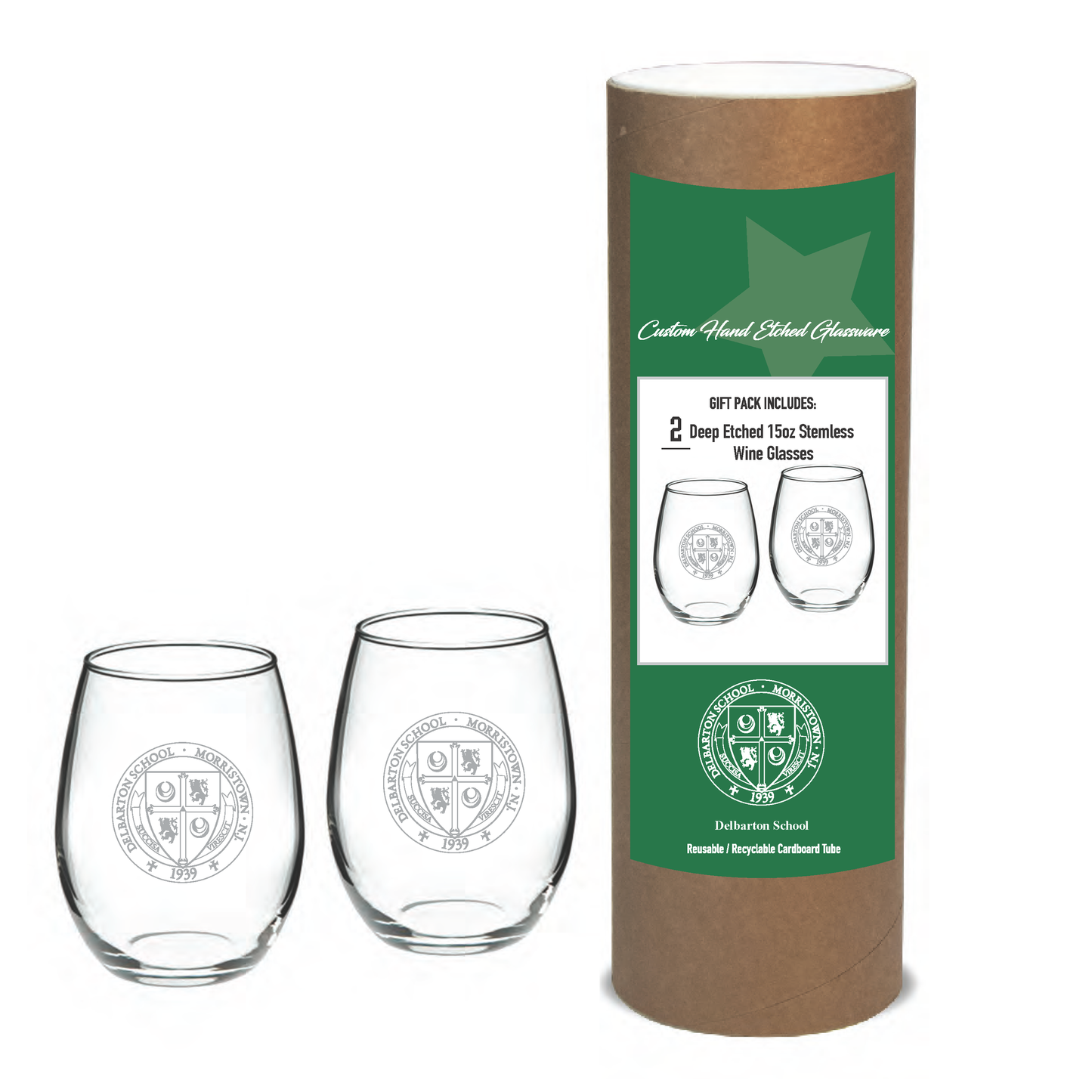 Stemless Wine Glass - Campus Crystal Custom Delbarton (Set of 2-15oz)