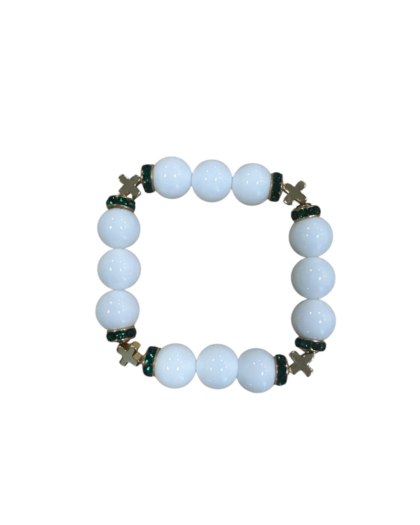 Bracelet - Brynn Hudson - White Glass Beads with Green Crystal Accents, Gold Cross Charms - White/Green