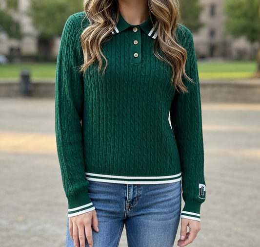 Ellsworth & Ivey LADIES Cable Knit L/S Polo Sweater - Green