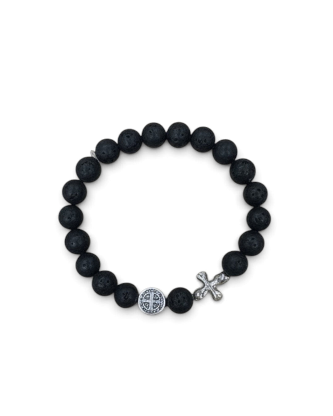 Bracelet - The Rosary Is The Way Lava Stone Bead with Silver Cross - Black
