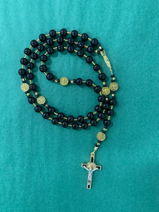 Rosary Black Beads w/ St Benedict Medals