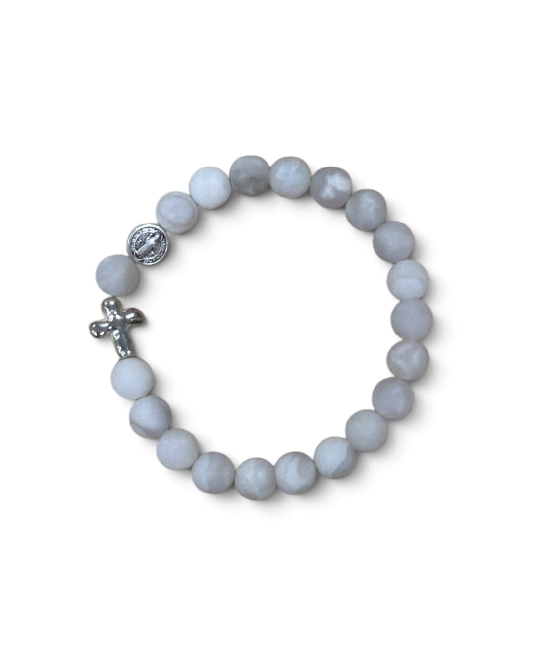 Bracelet - The Rosary is the Way St. Benedict Stone Bracelet - White