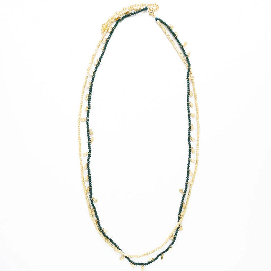 Necklace - Ink+Alloy Milly Double Strand Crystal Necklace - Green & Brass