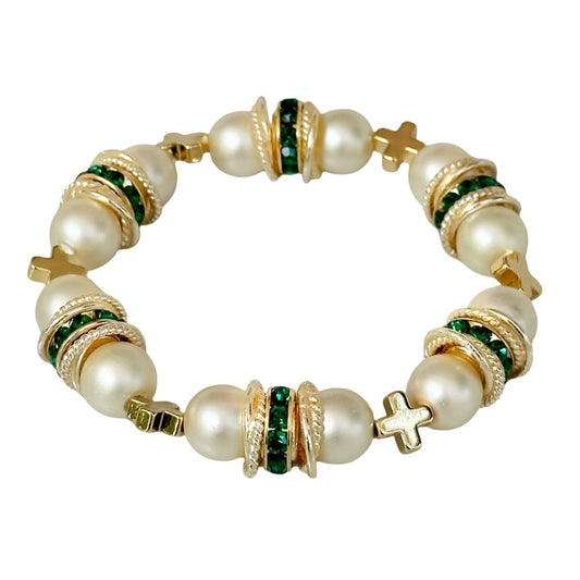 Bracelet -  Brynn Hudson Pearl and Gold Cross Bangle - Pearl/Green Crystal