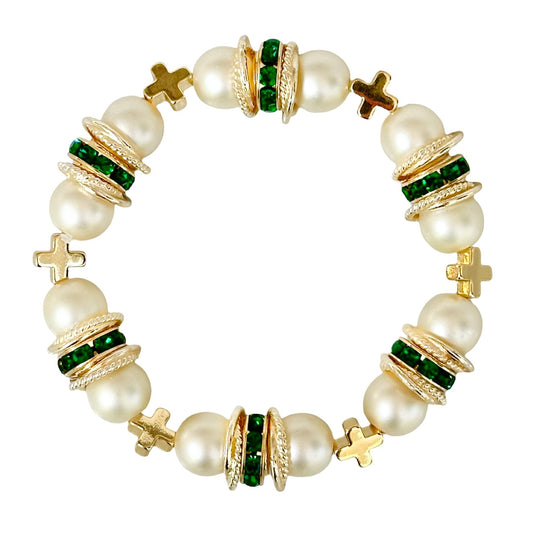 Bracelet -  Brynn Hudson Pearl and Gold Cross Bangle - Pearl/Green Crystal