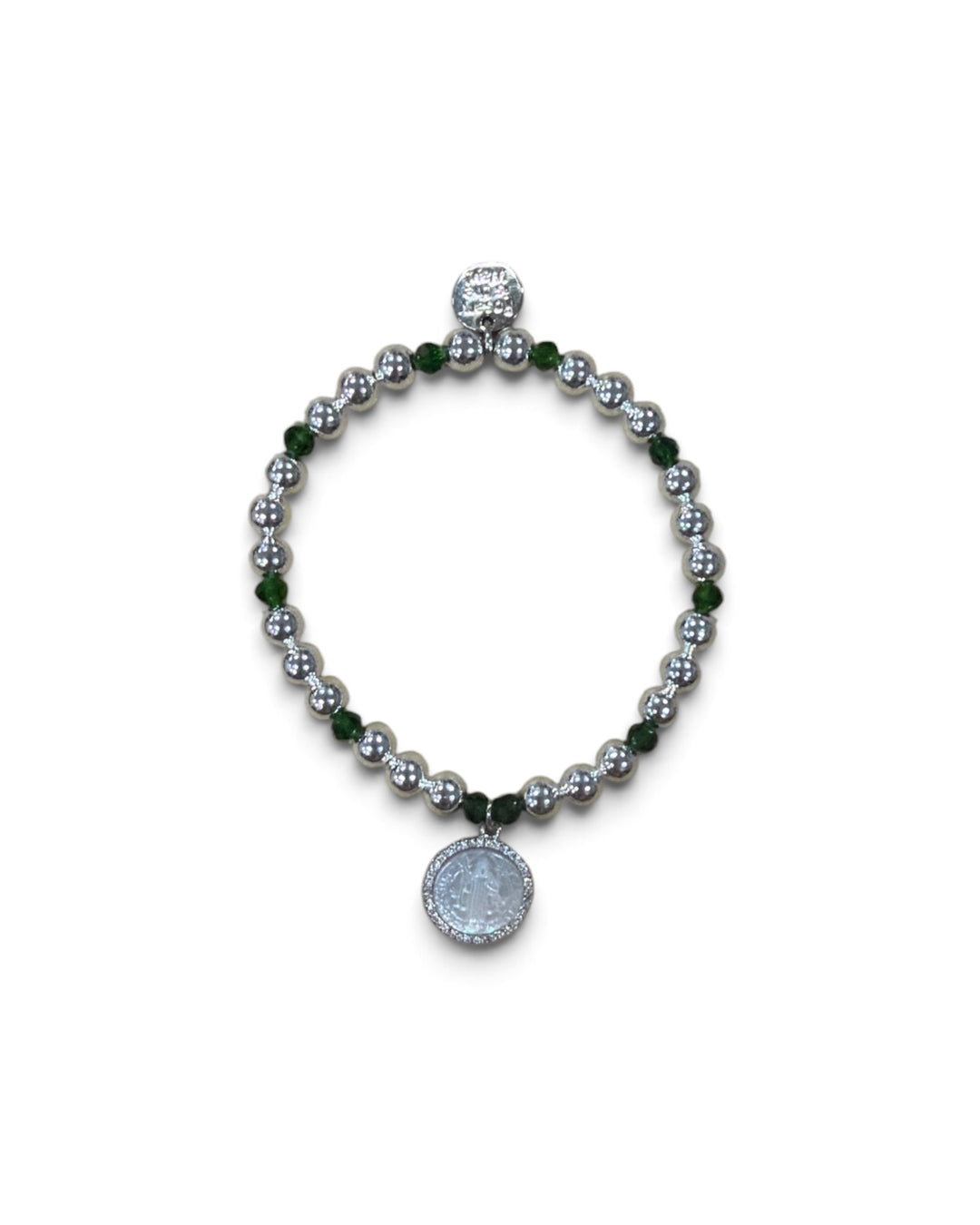 Bracelet - The Rosary is the Way St. Benedict Charm 8mm Bead Bracelet - Silver &amp; Green