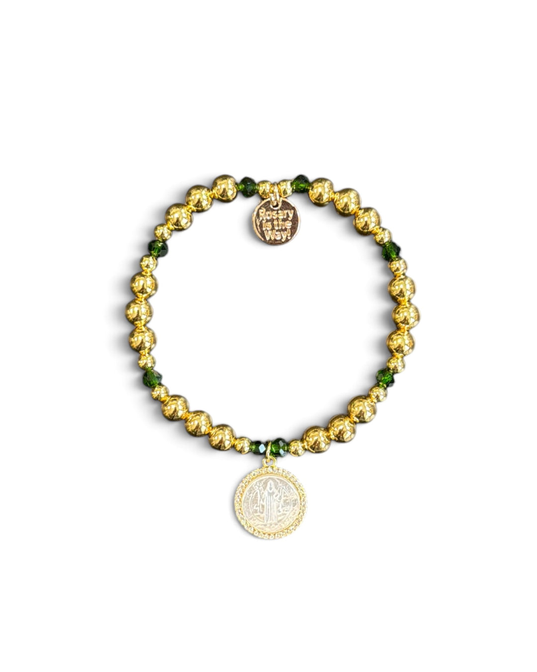 Bracelet - The Rosary is the Way St. Benedict Charm 8mm Bead Bracelet - Gold &amp; Green