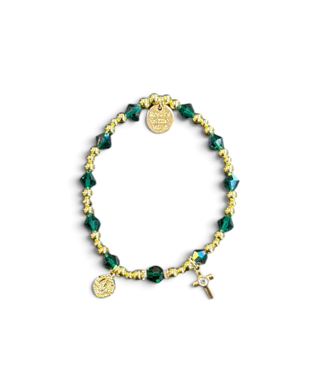 Bracelet - The Rosary is the Way Cross Charm Bracelet - Gold &amp; Green