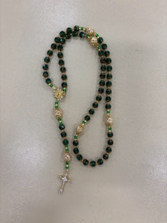 Rosary with Green and Ornate Gold Beads