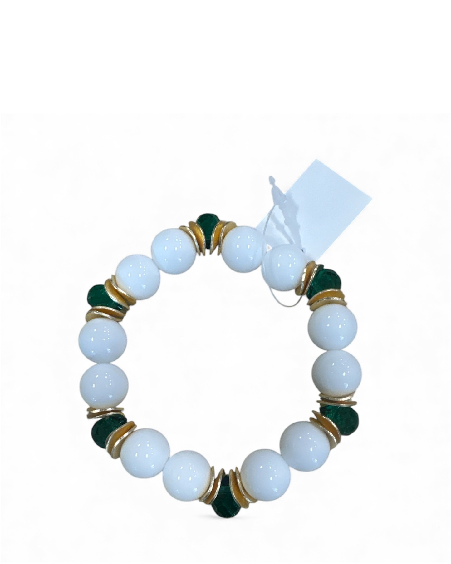 Bracelet - Brynn Hudson White Glass Beads with Green & Gold Accents