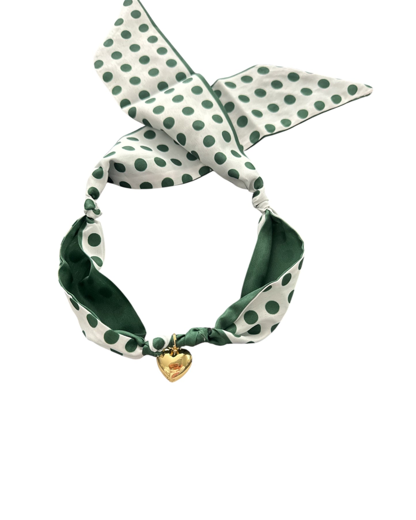 Necklace - Good Karma Scarf Necklace Polka Dots with Gold Heart Charm - Green & White