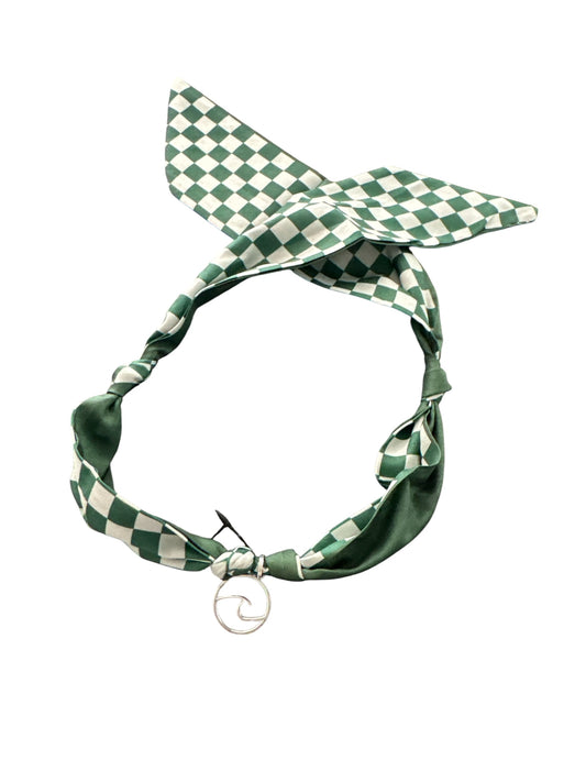 Necklace - Good Karma Scarf Necklace Checkerboard Print with Silver WAVE Charm - Green & White