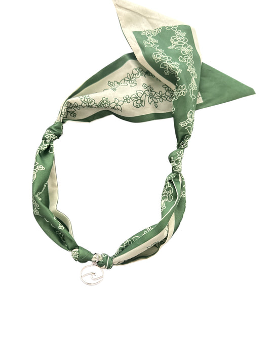Necklace - Good Karma Scarf Necklace Floral Print with Silver Wave Charm - Green & White