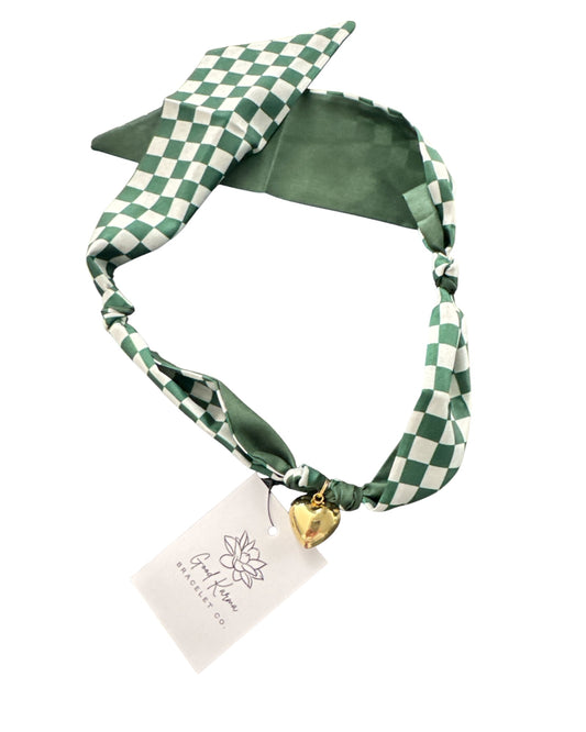 Necklace - Good Karma Scarf Necklace Checkerboard Print with Gold Heart Charm - Green & White
