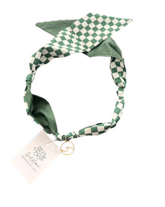 Necklace - Good Karma Scarf Necklace Checkerboard Print with Gold WAVE Charm - Green & White
