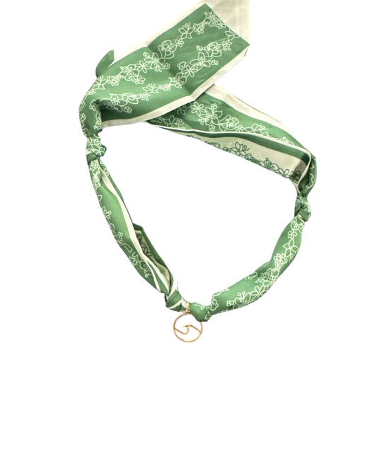 Necklace - Good Karma Scarf Necklace Floral Print with Gold WAVE Charm - Green & White