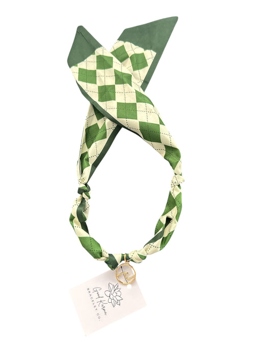 Necklace - Good Karma Scarf Necklace Argyle Print with Gold WAVE Charm - Green & White