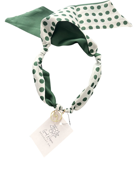 Necklace - Good Karma Scarf Necklace Polka Dots with Gold WAVE Charm - Green & White