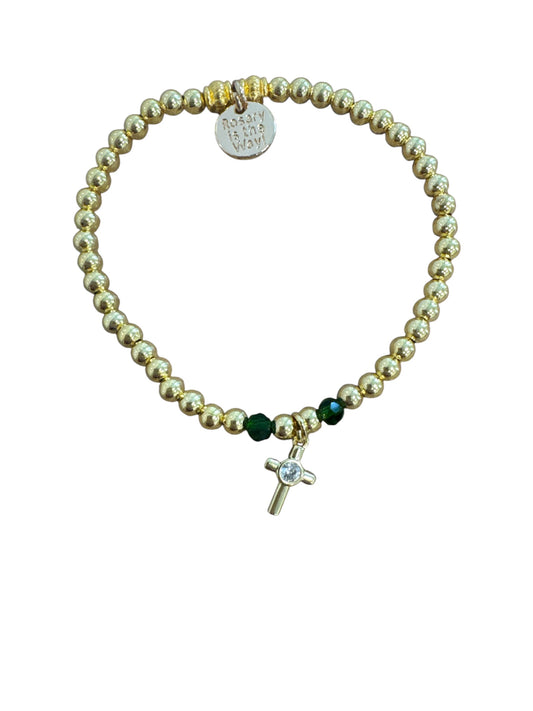 Bracelet - The Rosary Is The Way St. Benedict Gold Cross Charm and Green Crystal Bracelet - Gold & Green