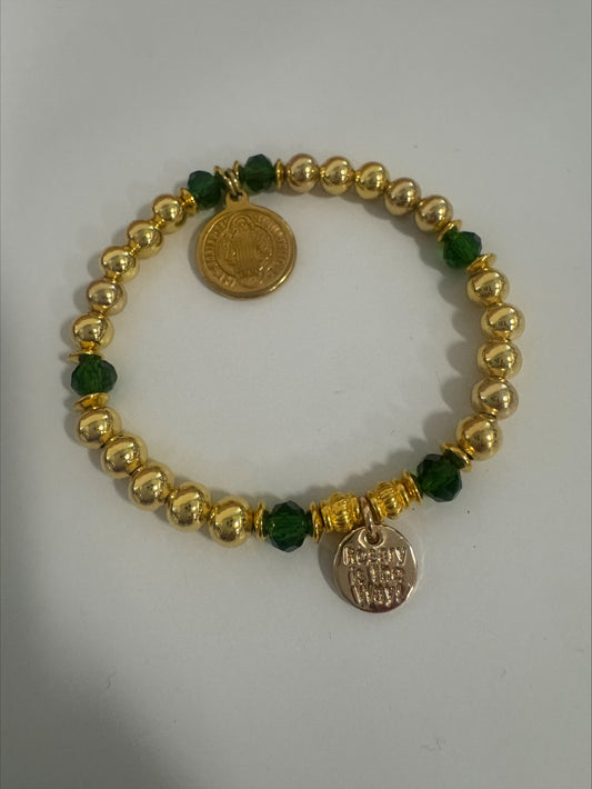 Bracelet - The Rosary Is The Way St. Benedict Large Charm Beaded Bracelet - Gold & Green