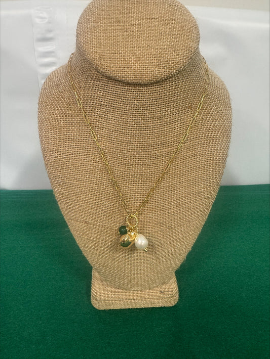 Necklace - Summer Love Designs Gold Heart and Green & Pearl Charm Choker - Gold/Green/Pearl