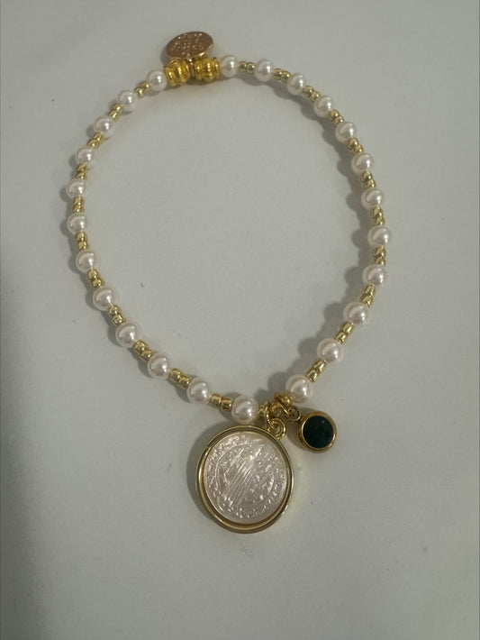 Bracelet - The Rosary Is The Way St. Benedict Pearl and Green Charm Bracelet - Gold & Pearl