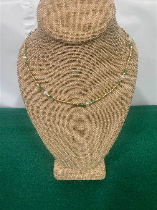 Necklace - Summer Love Designs Strand Choker - Gold/Green/Pearl