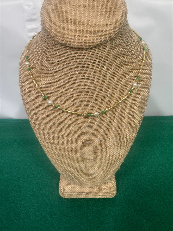 Necklace - Summer Love Designs Strand Choker - Gold/Green/Pearl