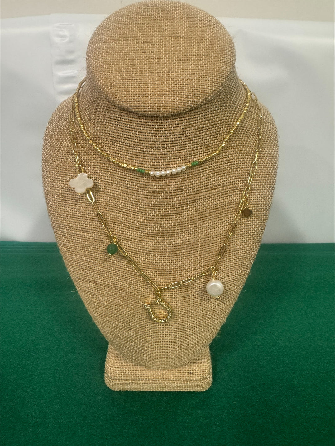 Necklace - Summer Love Designs Gold, Horseshoe &amp; Clover Charm Choker - Gold/Green/Pearl