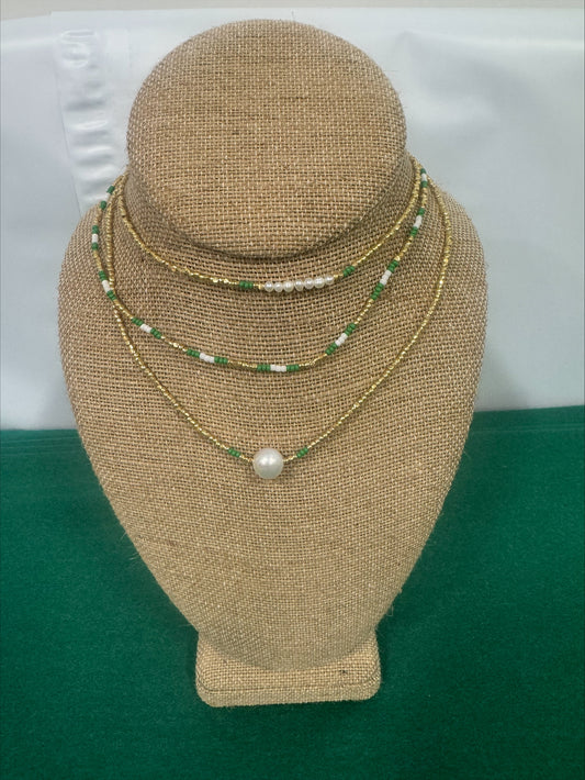 Necklace - Summer Love Designs Large Pearl Choker - Gold/Pearl/Green