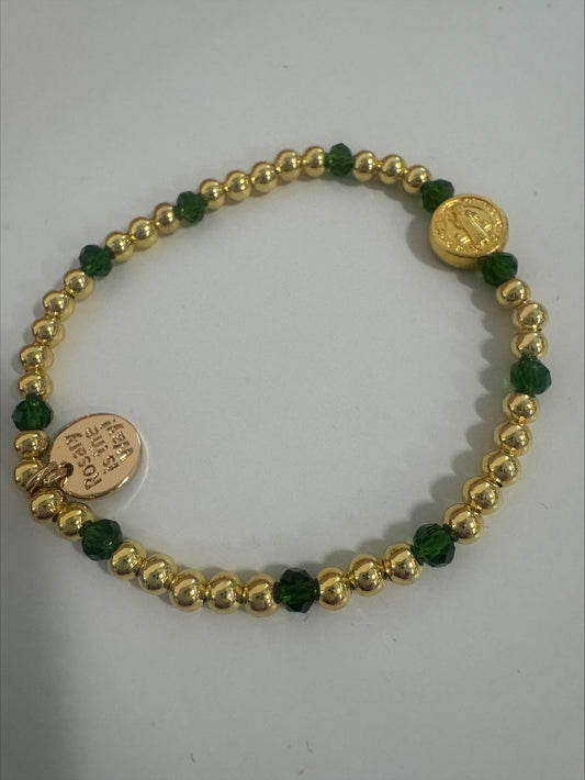 Bracelet - The Rosary Is The Way St. Benedict Bead Bracelet - Gold and Green