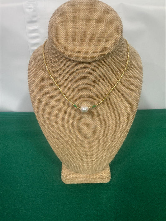 Necklace - Summer Love Designs Large Pearl Choker - Gold/Pearl/Green