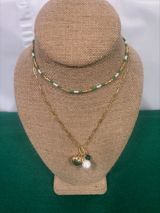 Necklace - Summer Love Designs Gold Heart and Green & Pearl Charm Choker - Gold/Green/Pearl