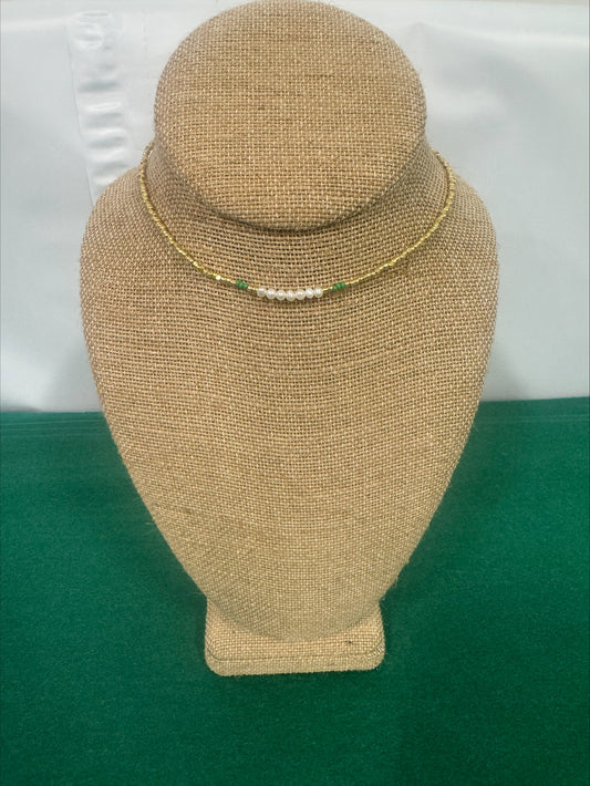 Necklace - Summer Love Designs Mini Pearls Choker - Gold/Pearl/Green
