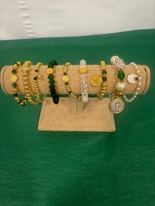Bracelet - The Rosary Is The Way St. Benedict Pearl and Green Charm Bracelet - Gold & Pearl
