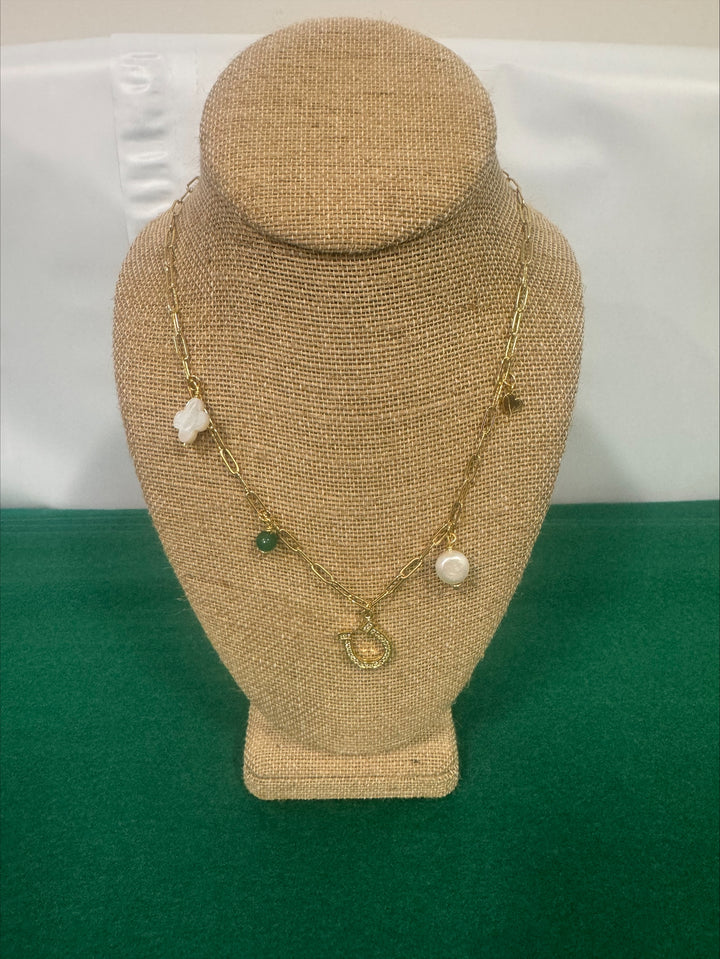 Necklace - Summer Love Designs Gold, Horseshoe &amp; Clover Charm Choker - Gold/Green/Pearl